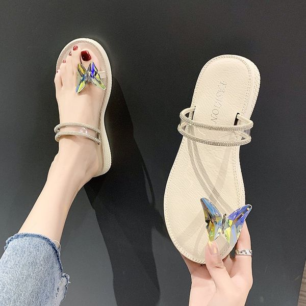 

female shoes summer woman butterfly-knot ladies' slippers glitter slides rubber flip flops low transparent heel fashion, Black