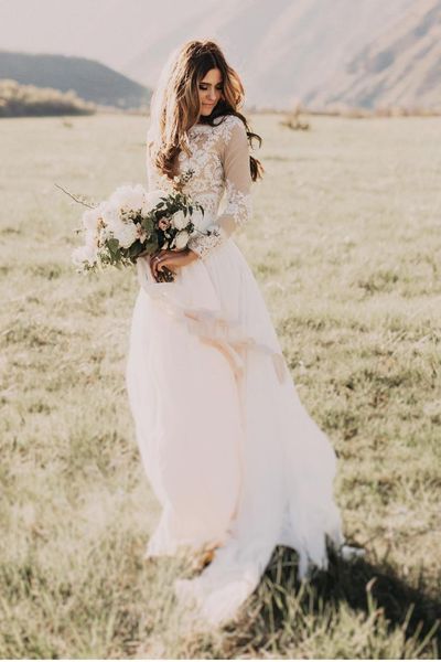 

2019 jewel appliques шампанское подкладка line шифоновое богемное свадебное платье boho дешевые на заказ новые длинные рукава свадебные плат, White