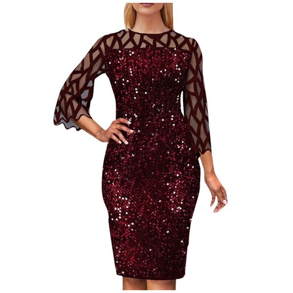 

casual dresses women dress fashion women's solid color gauze sequins patchwork see-through o-neck evening party ropa mujer#g3, Black;gray