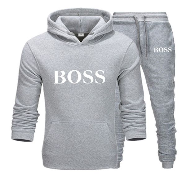 

fashion men women sportwear winter spring ourwear hooded sweatshirts + pants two pieces set tracksuit with brand boss letters wholesale, Gray