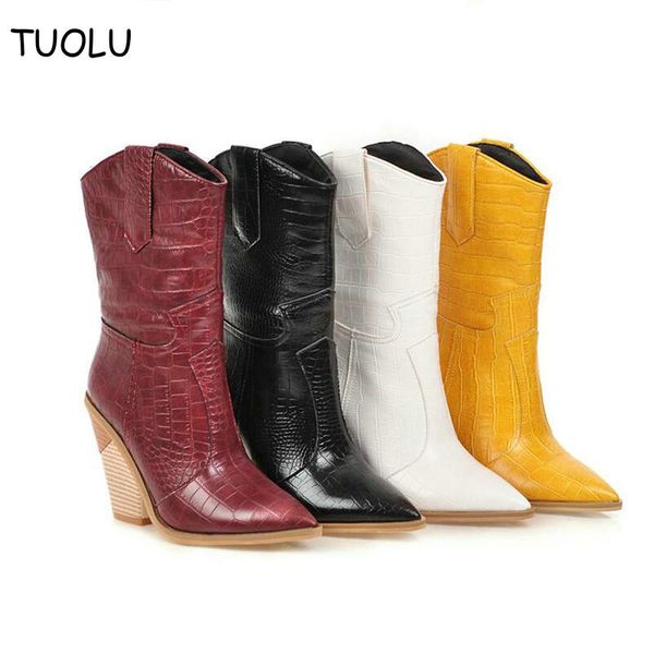 

leather women boots western cowboy ankle high boots chunky high heels motorcycle red black yellow white