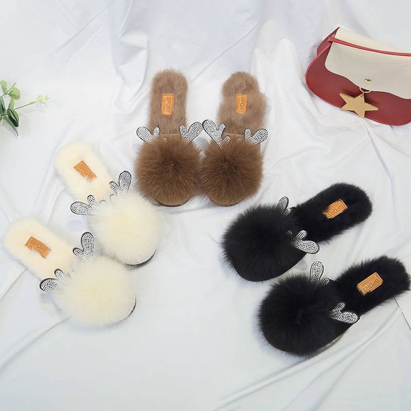 

fur slippers for women 2020 autumn lovely slippers outdoor short plush flat slides women shoes woman mules ladies shoes, Black