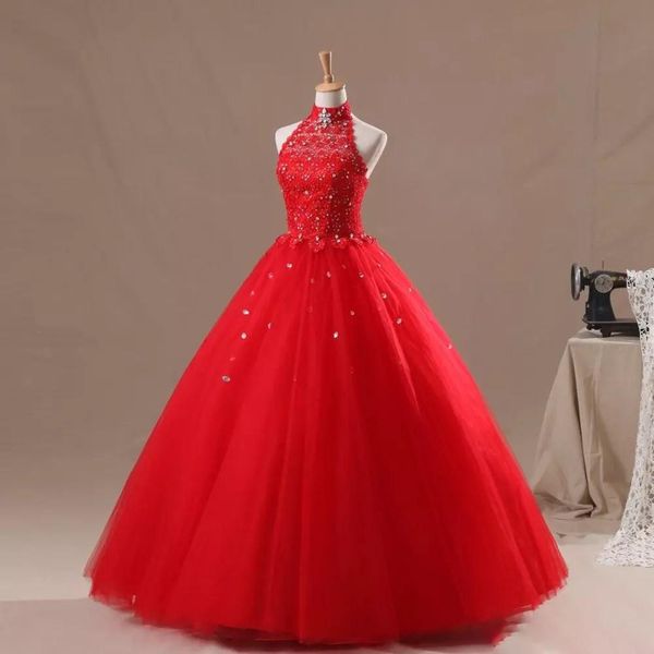 

новое прибытие высокого воротник холтер-line кружева аппликации 2020 red девушки pageant платья bling bling крист, White;red