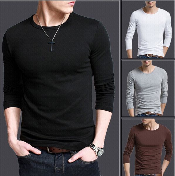 

solid color plus size s-xxxl round neck t shirts men long sleeve cotton fitness men's undershirt 2018 fashion tees, White;black