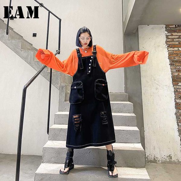 

eam] women black denim pocket split joint strapless dress new sleeveless loose fit fashion tide spring autumn 2020 1t759, Black;gray