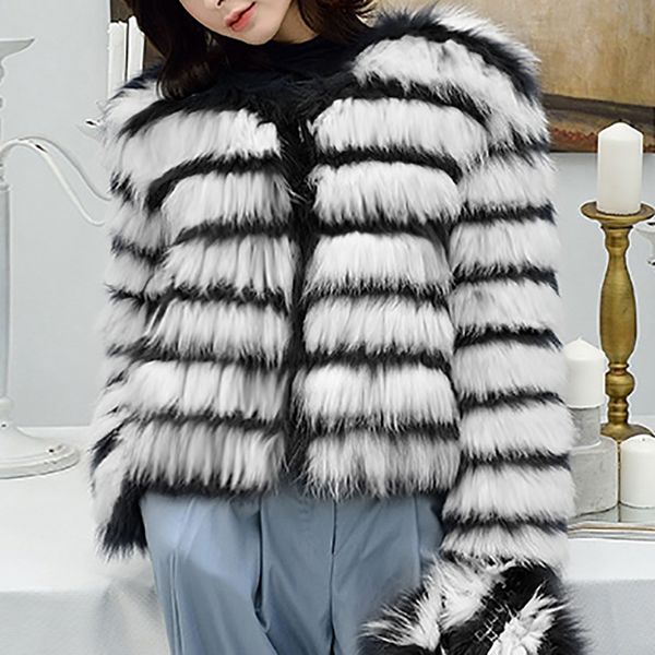 

winter autumn striped thick warm faux fur coat casaco black gray white patchwork women jackets outwear plus size 3xl 6q2363