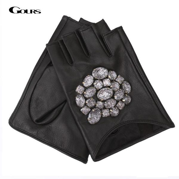 

gours fall and winter women' genuine leather gloves black goatskin stone half-finger gloves 2018 new fashion warm mitten gsl011, Blue;gray