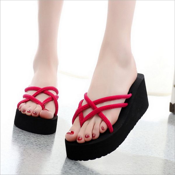 

oeak 2019 platform sandals women high heel zapatillas summer shoes fashion straped slippers beach flops solid slides women, Black