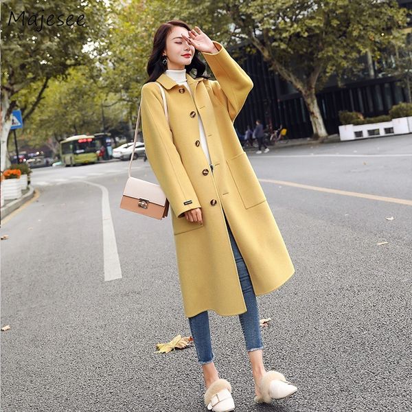 

winter coat women solid single breasted simple all match womens yellow coats ladies elegant wool korean style warm plus size, Black