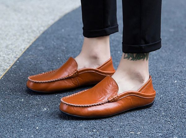 

leather shoes casual breathable loafers genuine leather moccasins comfortable flat waterproof footwear, Black