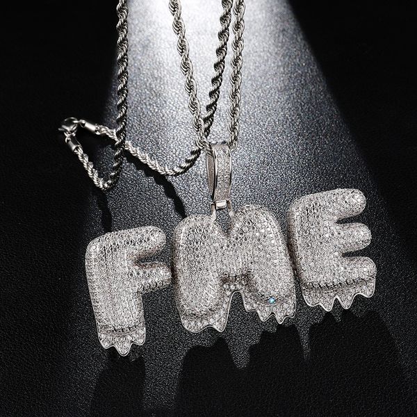 

pendant necklaces us7 iced out bling cz drip letters custom necklace micro paved collier for men hip hop jewelry, Silver