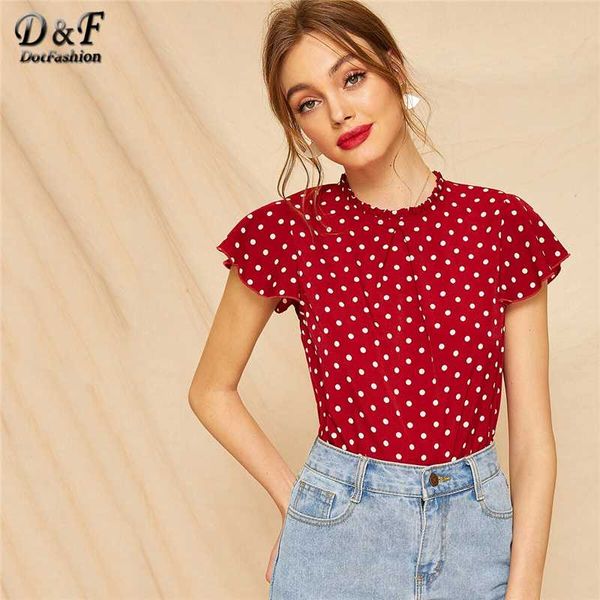 

dotfashion butterfly sleeve polka dot frill blouse women cute cap sleeve 2019 summer fashion ladies and blouses, White