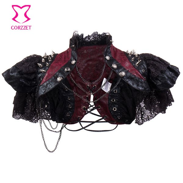 

corzzet victorian red leather&lace rivets steampunk jacket for women costume retro gothic short ruffles jacket, Black;brown