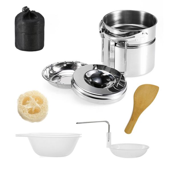 

stainless steel hanging pot folding handle outdoor tableware cookware set for hiking camping backpacking picnic campfire