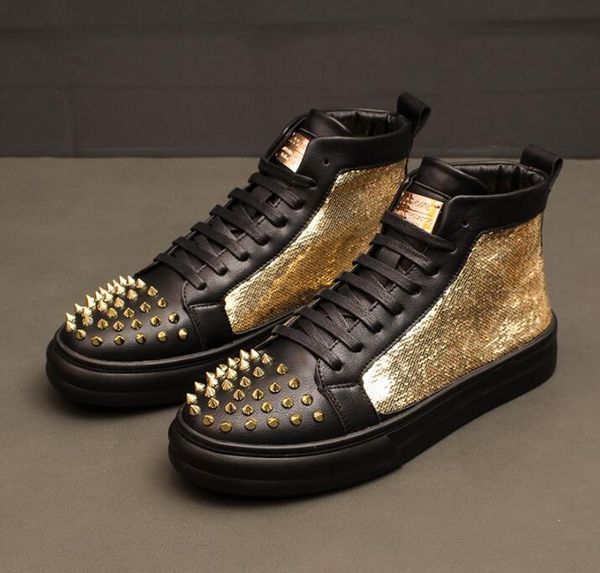 

designer men british luxury rivet bling patchwork casual shoes hip-hop sneakers male thick bottom flats shoes loafers skateboard, Black