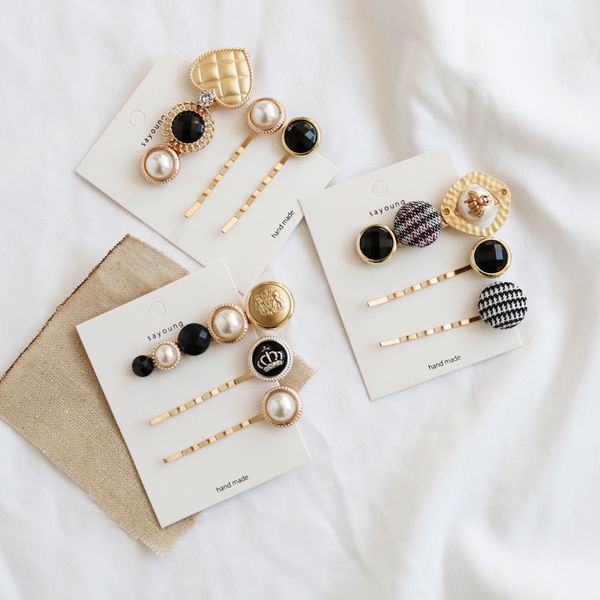 

popular hairpin combination hair accessories female temperament houndstooth button pearl edge clip bangs clip word, Brown