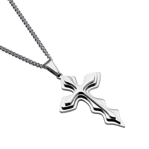 

personalized fashion design men stainless steel cross pendant necklace hip hop jewelry 60cm long link chain punk designer necklace for men, Silver