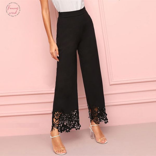 

elegant black hollowed out wide leg pants women 2019 spring high waist solid trousers ladies elastic waist pants, Black;white