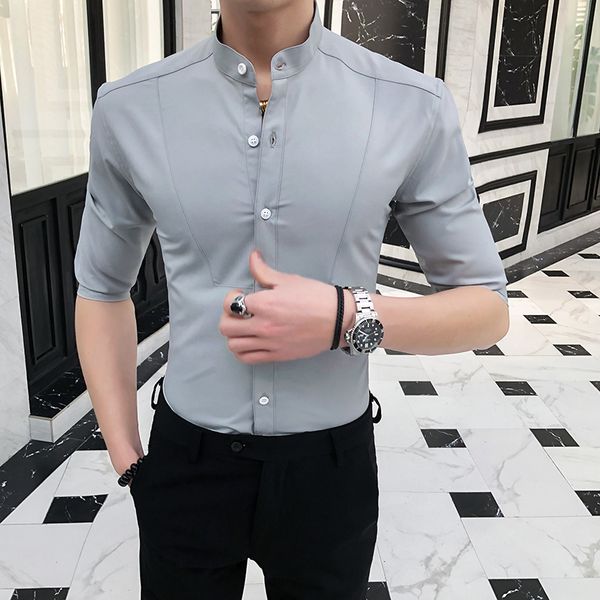 

корейская твердых простых мужчины рубашка всего match stand collar slim fit половина mens втулки вскользь рубашки бизнес новоселье блуза hom, White;black