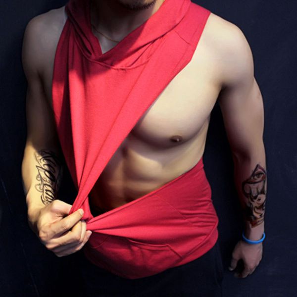 

summer industry training fitness hooded i-shaped sports loose-fit male vest pure cotton tank-waistcoat t-shirt, White;black