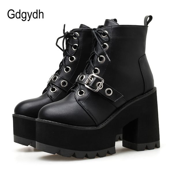 

gdgydh winter lace up shoes chunky boots women high heels black leather 2020 new spring rivet lace-up platform wedge female