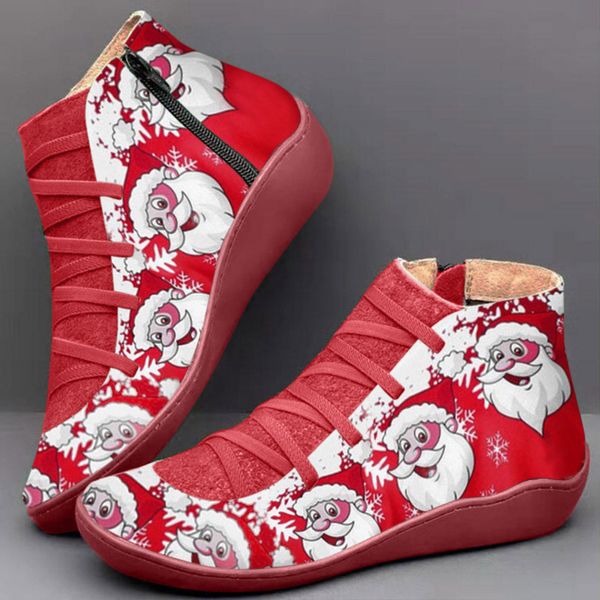 

christmas ankle boots women vintage winter santa printted shoes lace up flat snow boots xmas casual short botas mujer, Black