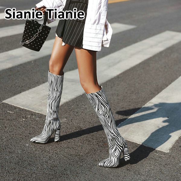 

sianie tianie 2020 winter autumn european woman boots pointed to block high heels zebra skin print women knee high boots, Black