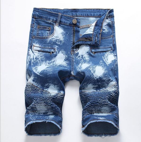 

men's jeans denim shorts zipper wrinkles zipper fly mens denim stretch pants five pants multiple styles multiple colors hole knee lengt, Blue