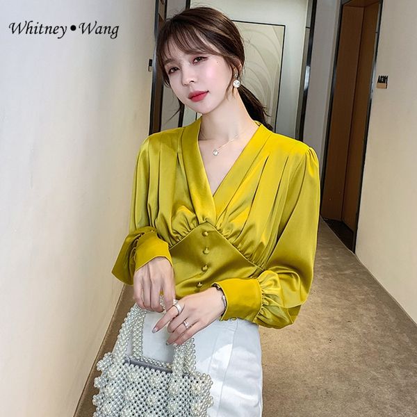 

whitney wang blouses woman fashion streetwear vintage style v-neck satin blouse women blusas office lady shirt, White