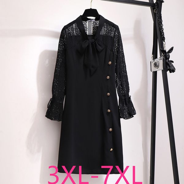 

2019 осень зима плюс размер платье для женщин большие свободные повседневные длинные рукава кружева кнопка v образным вырезом платья черный, Black;gray