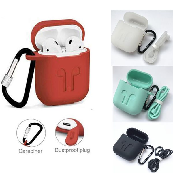 

protective silicone case for apple airpods earphone wireless bluetooth headset protector skin cover with carabiner anti-lost rope bag