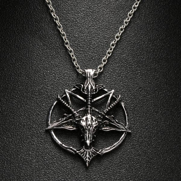 

1pc fashion pentagram pan god skull goat head pendant necklace luck satanism occult metal vintage silver star necklace for man