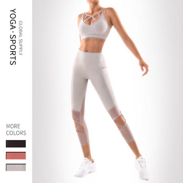 

hollow out yoga sets gym 2 piece set workout chiffon womens bra fitness clothing sportswear sports bra leggings outfit panelled wear shallow, Gray