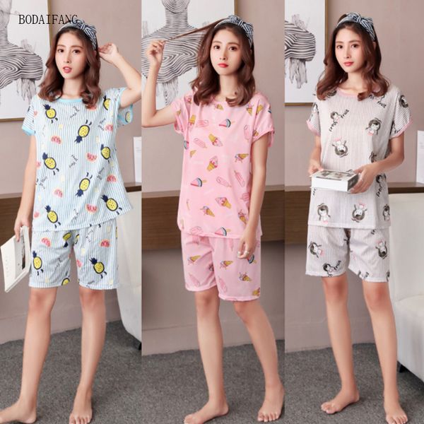 

bodaifang summer women cartoon sleepwear short pants + short sleeve pajamas sets cute sweet girls loose sleepwear 2pcs/set, Blue;gray