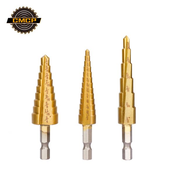 

3 pcs set step drill bit hss step cone taper hole cutter titanium coated metal hex shank core drill for wood/metal drilling