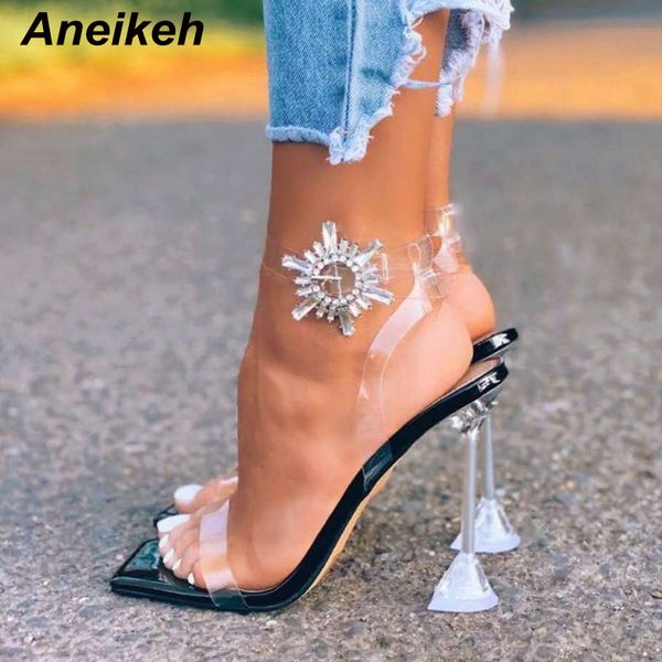 

aneikeh new square toe summer women sandals fashion transparent spike heels thin high heel buckle strap party dress ladies shoes, Black