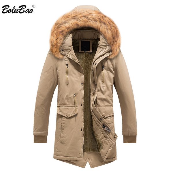 

bolubao men padded parka cotton coat winter hooded fur collar men's fashion coat thick warm windproof parkas male, Tan;black