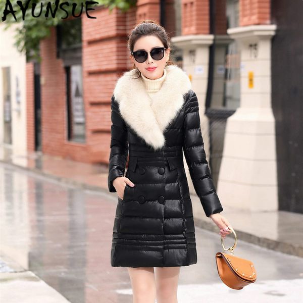

ayunsue women genuine leather jacket natural sheepskin coat long duck down jackets + large fur collar warm winter jackets lw819, Black