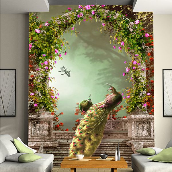 

3d stereo personality peacock figure garden floral wallpaper european tv background wallpaper aisle porch murals corridor wall decoraction