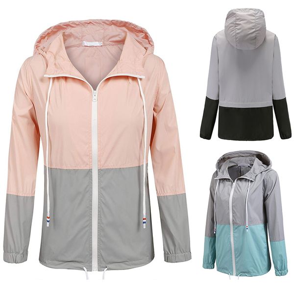 

women patchwork hooded jackets sports slim outfit long sleeve outwear stitching windbreaker running jacket light weight coat, Black;red