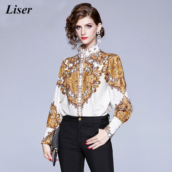 

plus size 2019 runway designer women autumn winter turtleneck long sleeve printed shirt lantern sleeve loose blusas blouse top, White