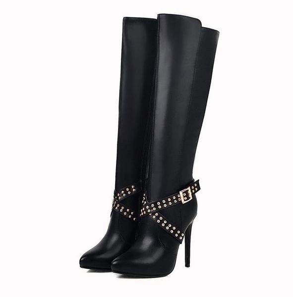 

plus size 33 to 42 43 luxury rivets red bottoms high heels designer shoes knee high boots, Black