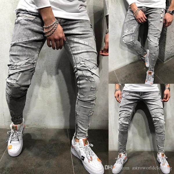

mid waist ripped long mens pencil pants casual skinny male trousers washed gray designer mens jeans autumn, Blue