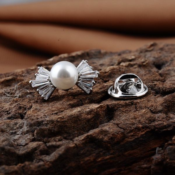

classic elegant silver color bowknot shape cz brooches men women simulated pearl alloy shawl cardigan collar pins accessories, Gray