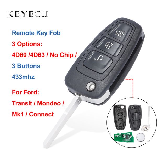 

keyecu hu101 blade remote car key fob 3 buttons 433mhz 4d60/ 4d63 chip for connect,focus,mondeo,fiesta,transit,c-max