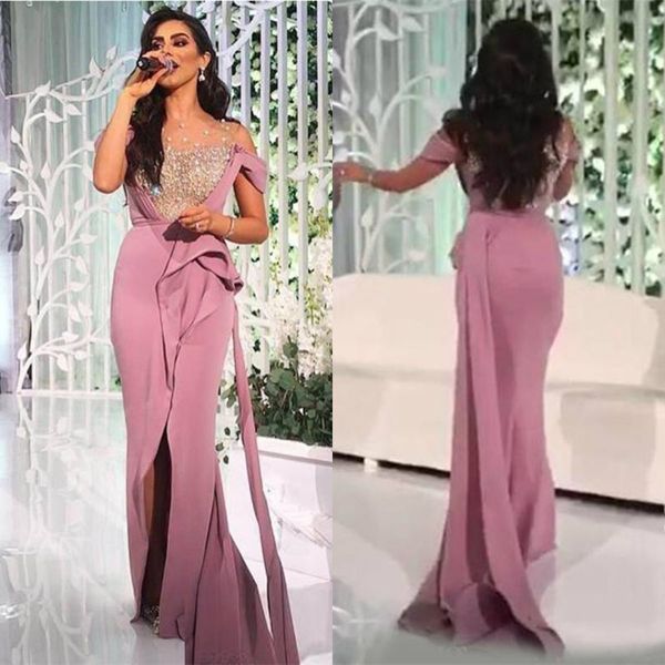 

fashion evening dresses pearls beaded sheer neckline blush pink prom gowns custom made split sweep train satin special occasion dress, Black;red
