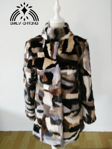 

women's fur & faux natural real genuine coat stand collar ladies fashion all-match multi-color colorfull jacket, Black