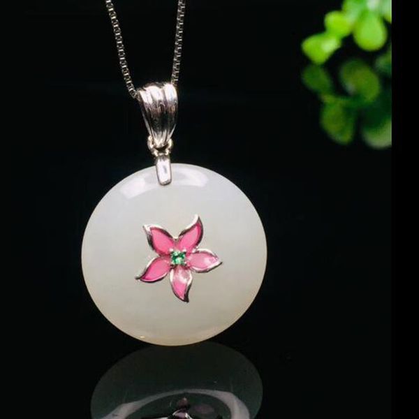

real 925 sterling silver natural white jade peace buckle inlay flower lucky pendant necklace for women jade jewelry