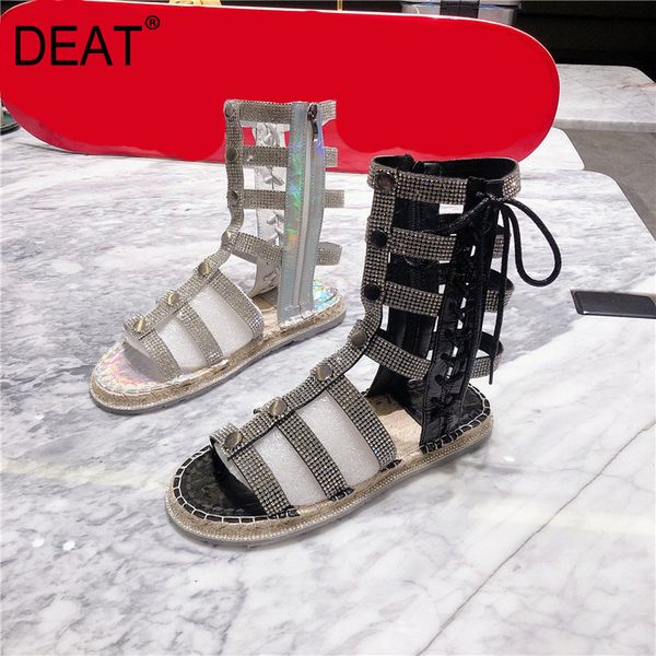 

boots [deat] 2021 round toe side bandage full crystal pu leather single shoes women flat cool spring summer fashion 10i001, Black