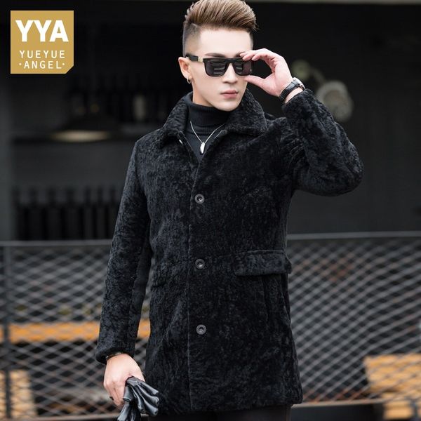 

brand men sheep shearing real fur jacket luxury casual wool long coat male winter warm natural fur black overcoat plus size 4xl
